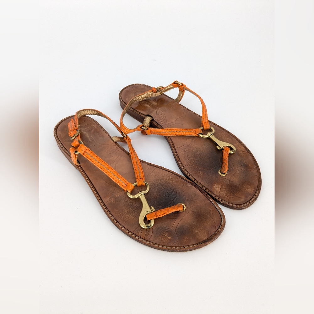 Coach Womens Rue Sandals Size 7 Orange Leather Gold Hardware Designer Shoes